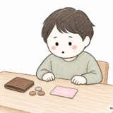 机に向かって座り、無地のクレジットカードと財布、硬貨を見ている人物の説明図（色鉛筆調）