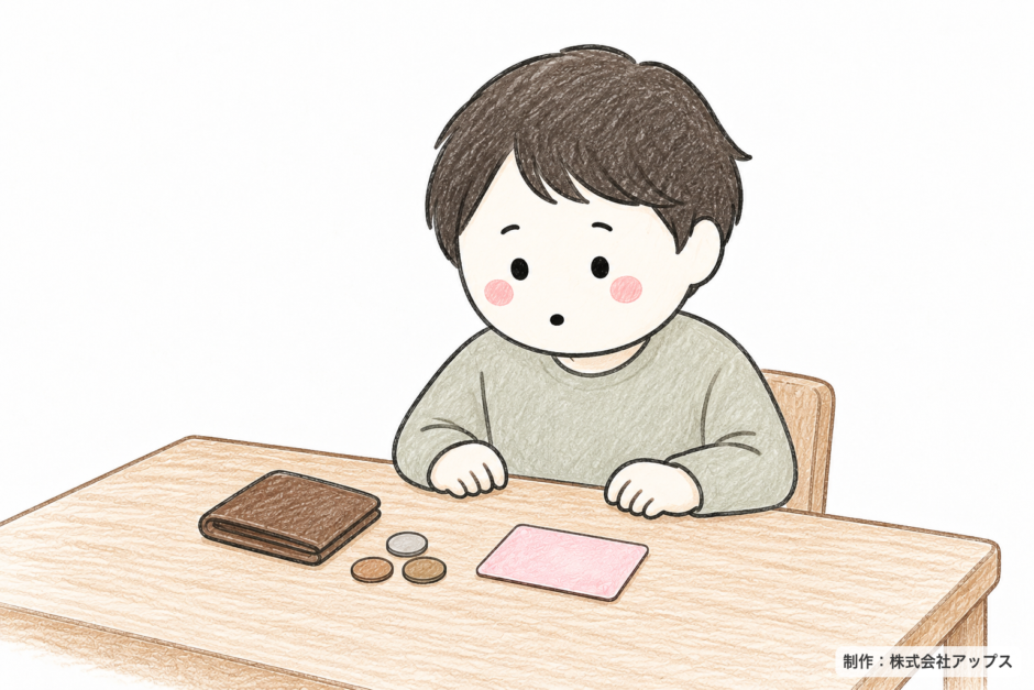 机に向かって座り、無地のクレジットカードと財布、硬貨を見ている人物の説明図（色鉛筆調）