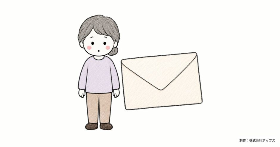 封筒を前に立つ年配の人（カードの安全な送り方の記事）